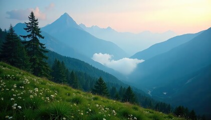 Obraz premium Misty mountain vista, tranquil natural setting, ambiance, calm, natural background