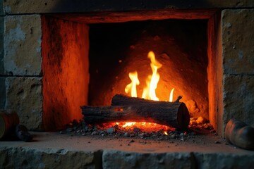 Obraz premium Cozy fireplace with glowing embers and firewood, brown, flames