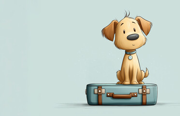 Cute cartoon dog sitting on a vintage suitcase, looking curiously at the viewer, with a soft pastel background, evoking a sense of adventure and companionship
