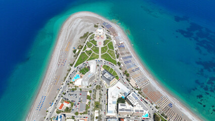 Aerial drone photo of Rhodes main town peninsula featuring luxury hotels and resort, small landmark...