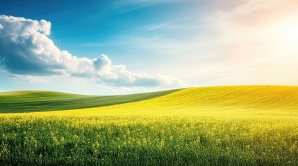 Fototapeta premium Rolling hills of vibrant yellow wildflowers under a sunny sky