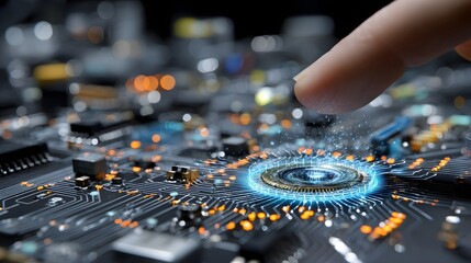 Fototapeta premium Quality assurance analyst's finger touching circuit board for electronic testing and analysis