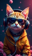 Naklejka premium Stylish cat wearing shades with headphones on, bobbing head to bass beat, hipster cat, energetic vibe