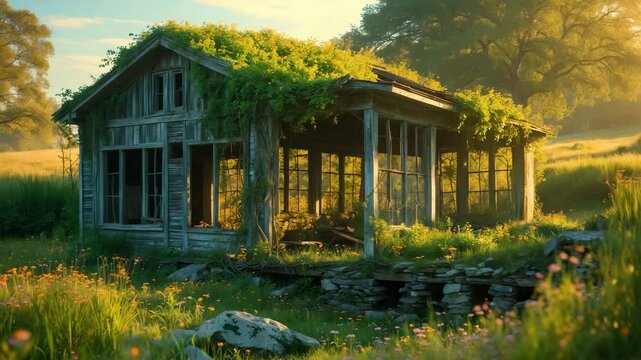 A forsaken outbuilding, engulfed by greenery and in a state of disrepair