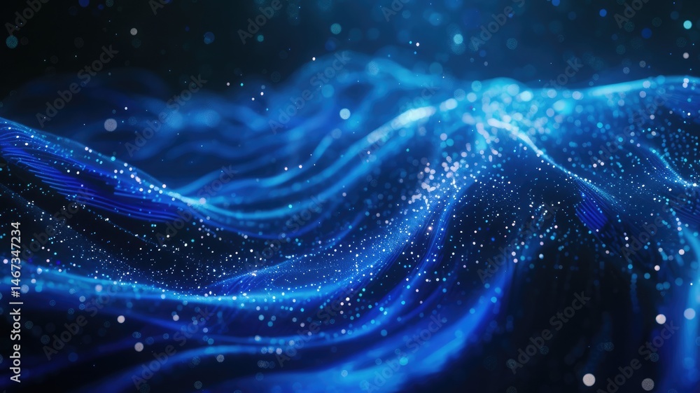 Poster abstract picture micro light sparkling particle represent data flow vivid flowing wave with high tec