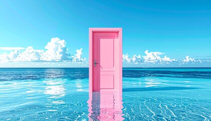 海面に立つピンクの扉、どこにでも行ける扉