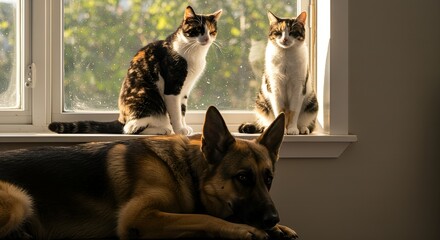 A German Shepherd dog is lying peacefully beneath a sunny window while two calico cats sit on the window sill above