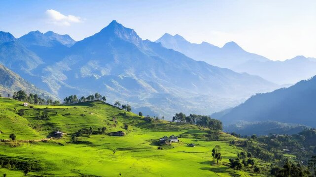 Lush green rice terraces cascading down the slopes of a valley, creating a vibrant tapestry of nature's artistry, set against a backdrop of towering mountains under a clear blue sky in vietnam
