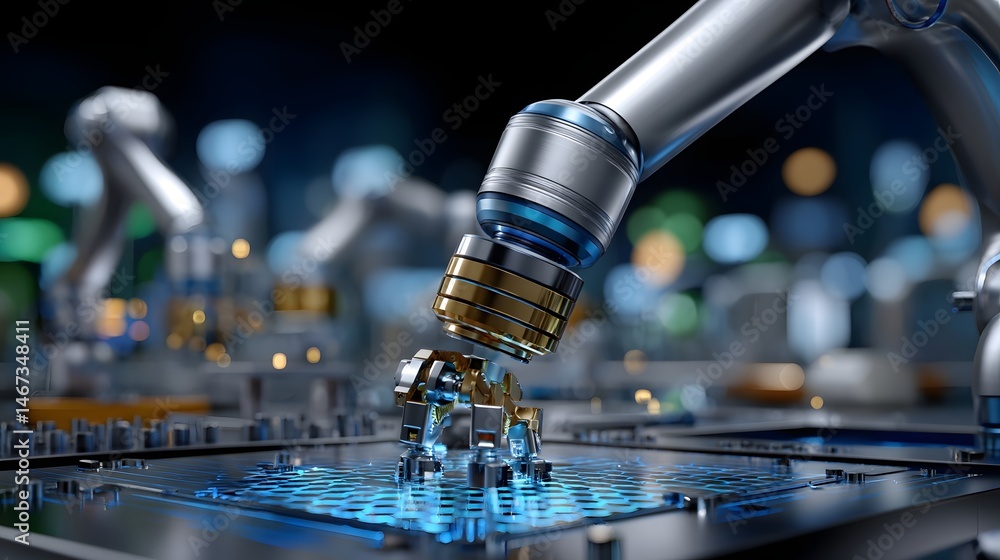 Poster robotic hand in motion working on computer components with precision and skillful control
