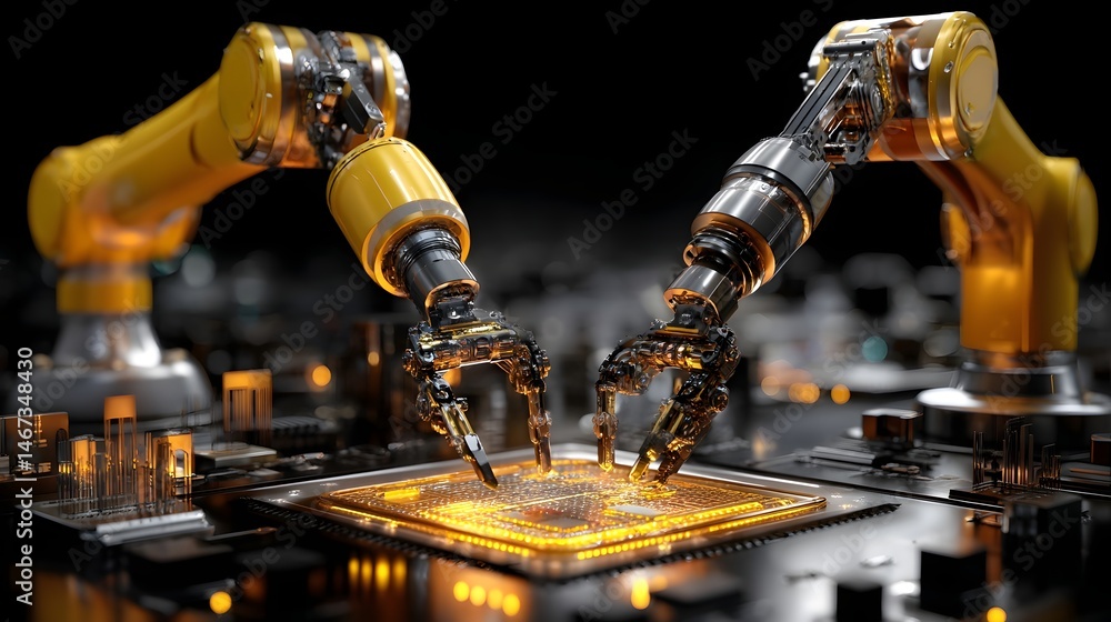 Poster two robots working collaboratively on circuit board with precision and focused expertise