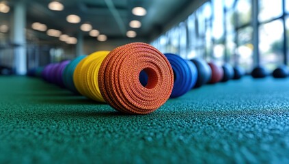 Colorful exercise balls lined up on a gym floor