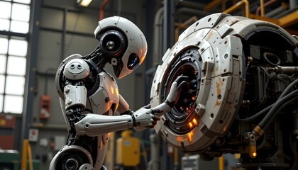 Fototapeta premium Robot working diligently on complex machinery with a determined stance and focus