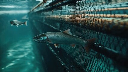 Salmon in a fish farm net enclosure underwater.