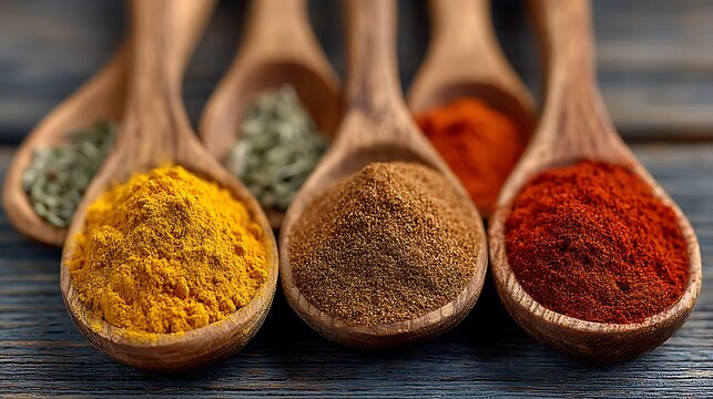 Aromatic Spices in Wooden Spoons on Rustic Table.