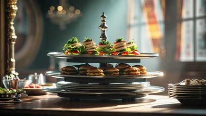Photorealistic image of a stacked serving trays