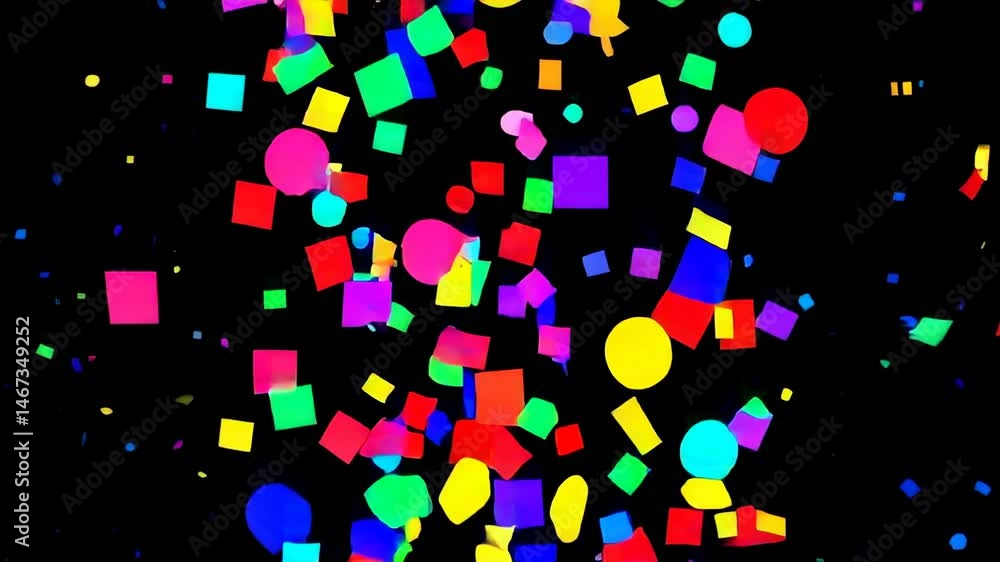 Poster Vivid confetti pieces in varied geometric shapes cascading dynamically against stark black backdrop, generating celebratory visual energy with colorful graphic motion design