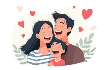 A mother and father laughing together with their child, with heart-shaped symbols of love and happiness surrounding them