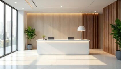 Fototapeta premium Modern minimalist reception desk in a bright office , geometric, design, reception area