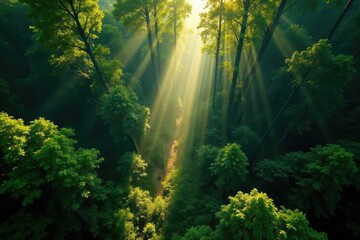 Obraz premium Aerial view of a forest with patches of sunlight breaking through the canopy, creating dappled light on the forest floor , high angle, bird's eye view