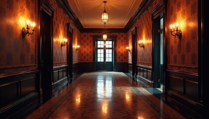 Fototapeta premium Long, dimly lit hallway with patterned wallpaper and ornate molding Classic interior design , interior, hallway interior, building