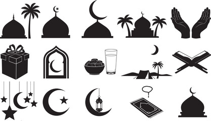Islamic and Ramadan Symbols: Crescent, Mosque Dome, Prayer Mat, Lantern, Quran, Dates, Palm Tree, and More – A Collection of Sacred Icons for Spiritual Reflection