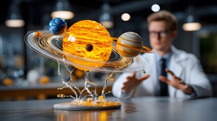 A science teacher in a white shirt and tie presenting an engaging solar system model