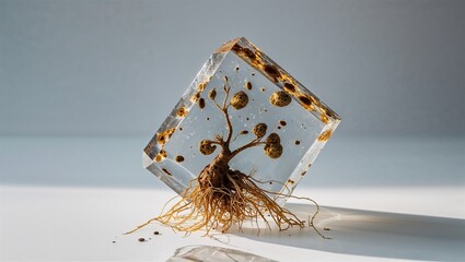 Photorealistic image of a spotted resin with roots on a white background