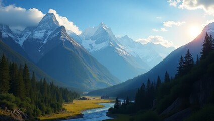 Fototapeta premium Alpine Scenery Majestic Mountains - Majestic Mountains and Sunrise