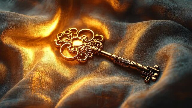 A glowing close-up of a single ornate key resting on a soft linen fabric. background
