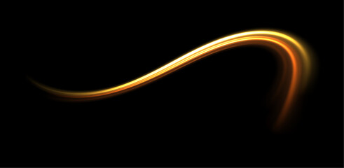 Abstract gold, light lines. Magic motion lines and speed sparkling effect. Glow effect. Semicircular wave, swirl curve light trail on dark background . Golden glowing shiny spiral vector.