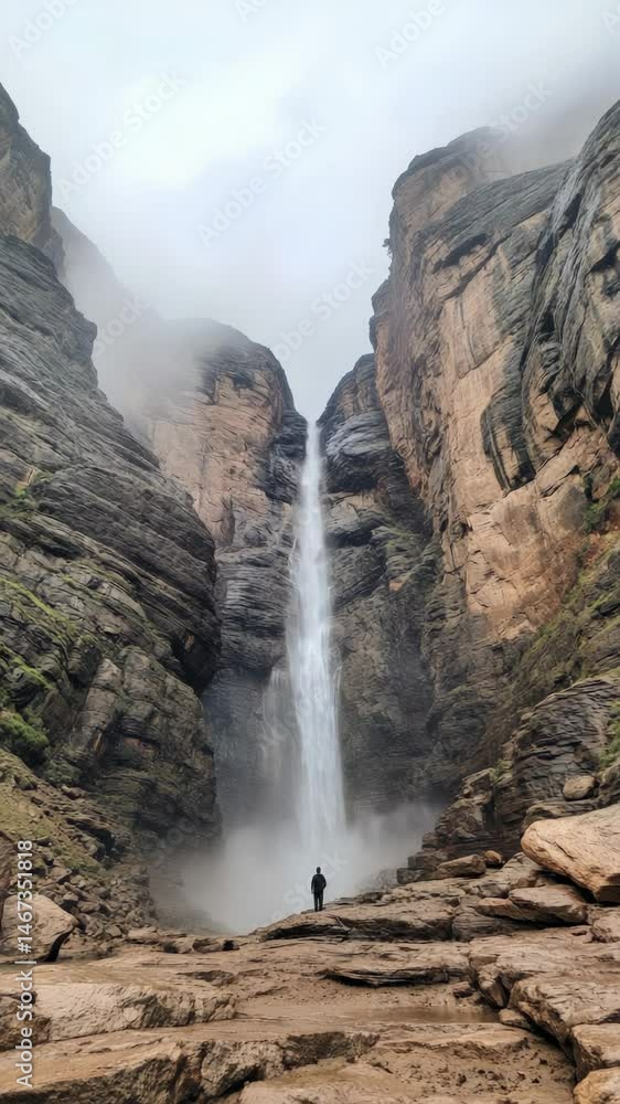 Poster lone hiker gazing in awe at a towering waterfall cascading down moss covered cliffs into the misty d