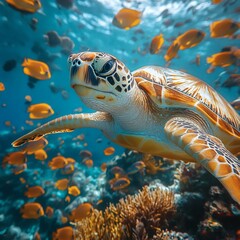 Fototapeta premium Sea Turtle Swimming Among Colorful Fish and Coral Reef