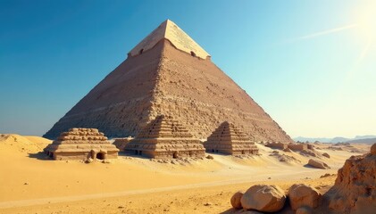 Majestic Egyptian pyramid standing tall against a clear blue sky, sunlit sands surrounding it , imposing, shadow