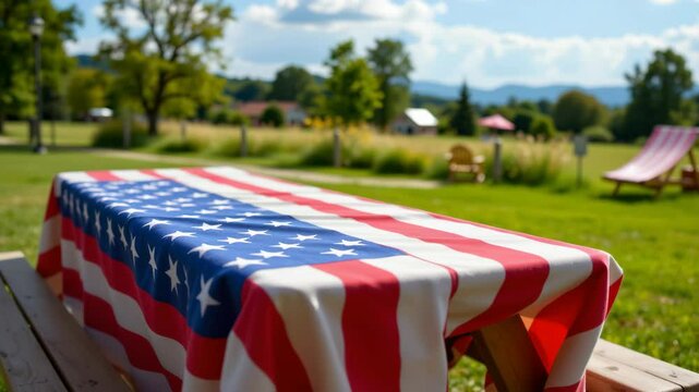 A picnic table outdoors is covered with a tablecloth featuring the American flag pattern, set in a sunny park with green grass and trees.
