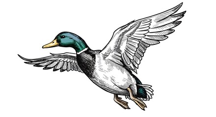 This is a hand-drawn, detailed illustration of a flying duck with wings fully extended. 