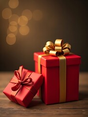 Fototapeta premium Christmas presents wrapped in red paper with gold ribbon on on wooden table background and bokeh. Place for typography and logo. Copy space. .