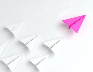 Pink Paper Airplane Leading White Origami Flight Concept