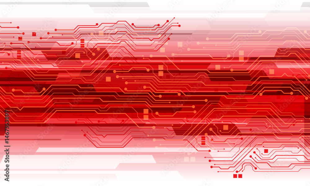 Poster Abstract red circuit board technology connected lines electronics elements computer slash dynamic geoemtric digital on white background vector