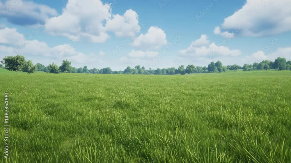 Aufkleber lush green grass covers a vast field, stretching out towards a line of trees under a bright blue sky