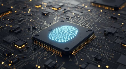 Fingerprint on computer chip representing digital security and technology.