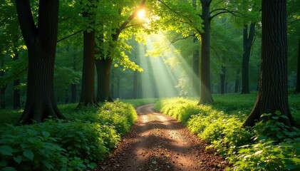 Obraz premium Sun-dappled forest trail, winding path through trees, sunbeams, shadow