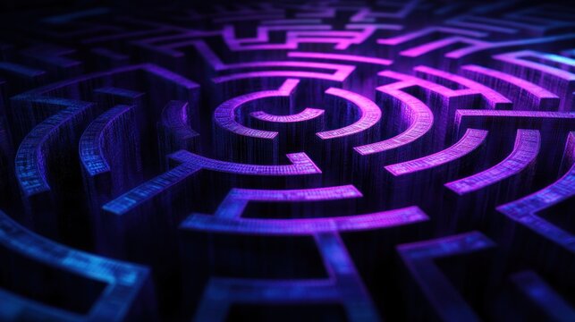 Abstract circular maze with neon purple and blue glow, complex path, 3D rendering.