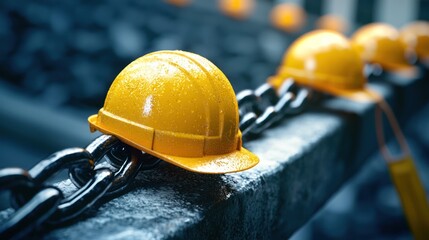 A row of yellow construction helmets lined up on a concrete wall with a chain link fence in the background.