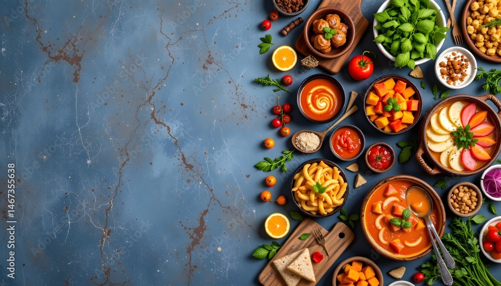 Poster vivid display of a colorful array of food on a table showcasing culinary creativity