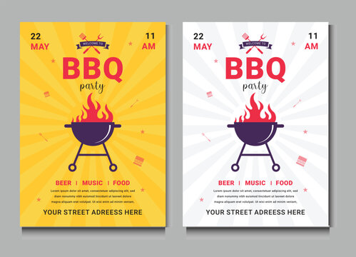 Barbecue posters. BBQ party invitations for summer outdoor picnic in park or back yard with food on grill. Cookout event flyers vector set. Illustration bbq picnic poster template, grill barbecue
