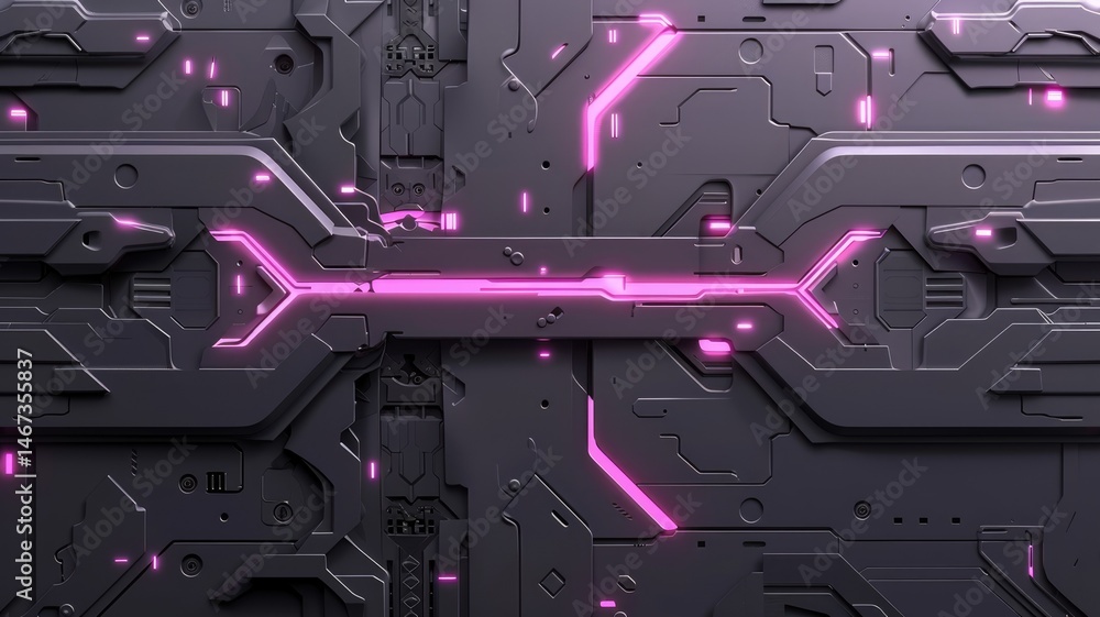 Poster abstract picture with digital style scenery, decorated by high tech pattern, glow fantasy neon light