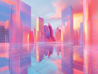 Obraz premium Reflective metropolis with pastel-hued buildings and ethereal atmosphere