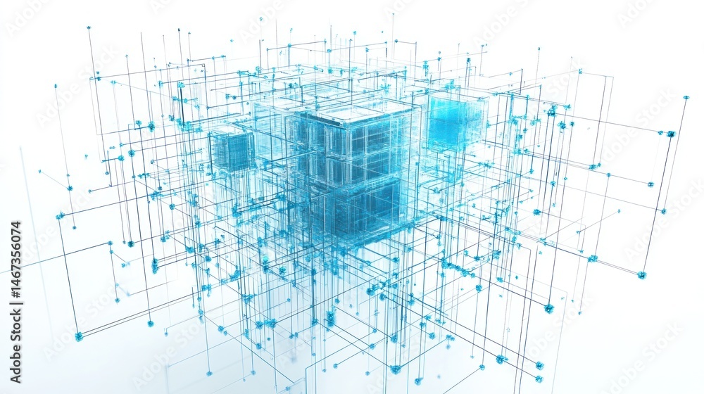 Poster abstract 3d rendering of a complex network system with interconnected nodes and lines, representing 