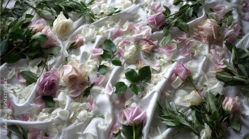 Aufkleber Delicate flowers in soft shades of pink and green are arranged across white paper, creating a calming composition with brush texture and ample copy space