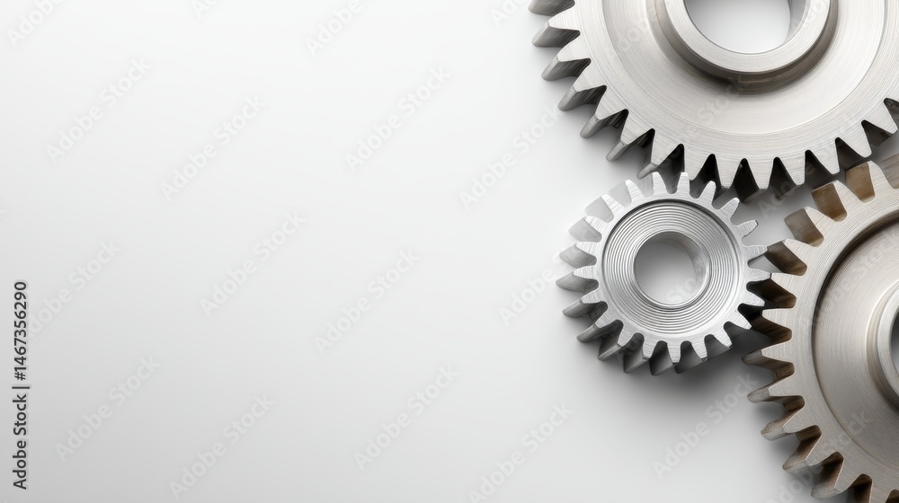 Poster Three mechanical cogs with different diameters are neatly arranged on a bright white background, showcasing soft shadows and offering ample copy space on the left